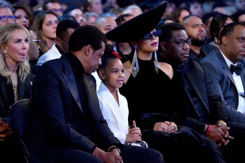 NEW YORK, NY - JANUARY 28:  Recording artist Jay Z, Blue Ivy Carter and recording artist Beyonce attend the 60th Annual GRAMMY Awards at Madison Square Garden on January 28, 2018 in New York City.  (Photo by Lester Cohen/Getty Images for NARAS)