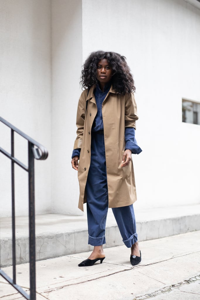 On chilly days, top head-to-toe denim with a classic trench coat and finish with mules.