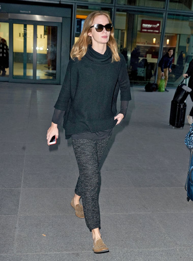 Emily Blunt strolled through London's Heathrow airport on Monday.