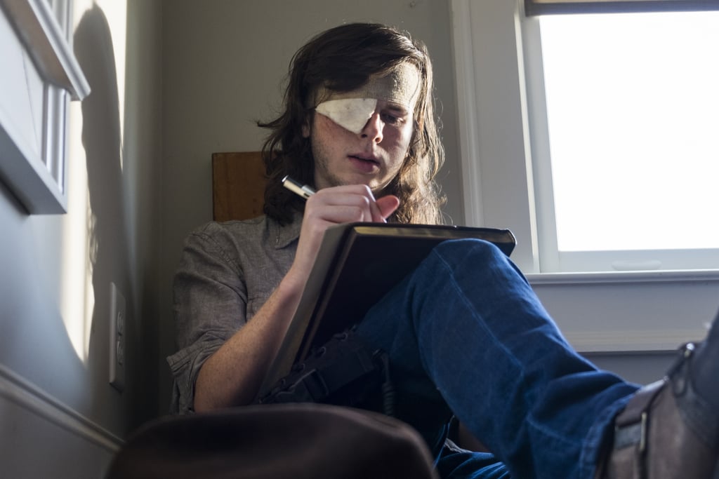Carl is now in an interesting position. He's received a fatal zombie bite, and he's the only one who knows it. Another shot shows him writing some things down. In a post-mortem interview with The Hollywood Reporter, which was published just after the fate of his character was revealed, actor Chandler Riggs previewed the end of his character's story. "Episode 809 is really Carl trying to teach Rick as much as he can about what he's learned and trying to convince Rick to not kill every single Savior because there's still good people out there . . . there's some humanitarian aspects that Carl is going to try and teach Rick in his final moments."
Based off of this information, it seems Carl may be spending part of his final day on Earth writing letters. It's true that he may be teaching Rick some of these lessons verbally, but it's all the more impactful for Carl to give parting words in writing. Perhaps Carl is writing other letters, too: letters to Michonne, to Daryl, even to his little sister, Judith.

    Related:

            
            
                                    
                            

            Basically None of the Stars Are OK With Carl's Death on The Walking Dead