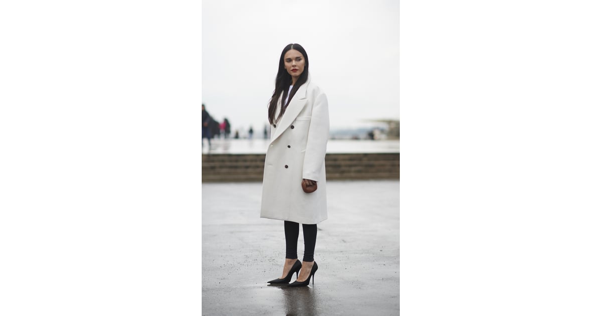 white coat black heels