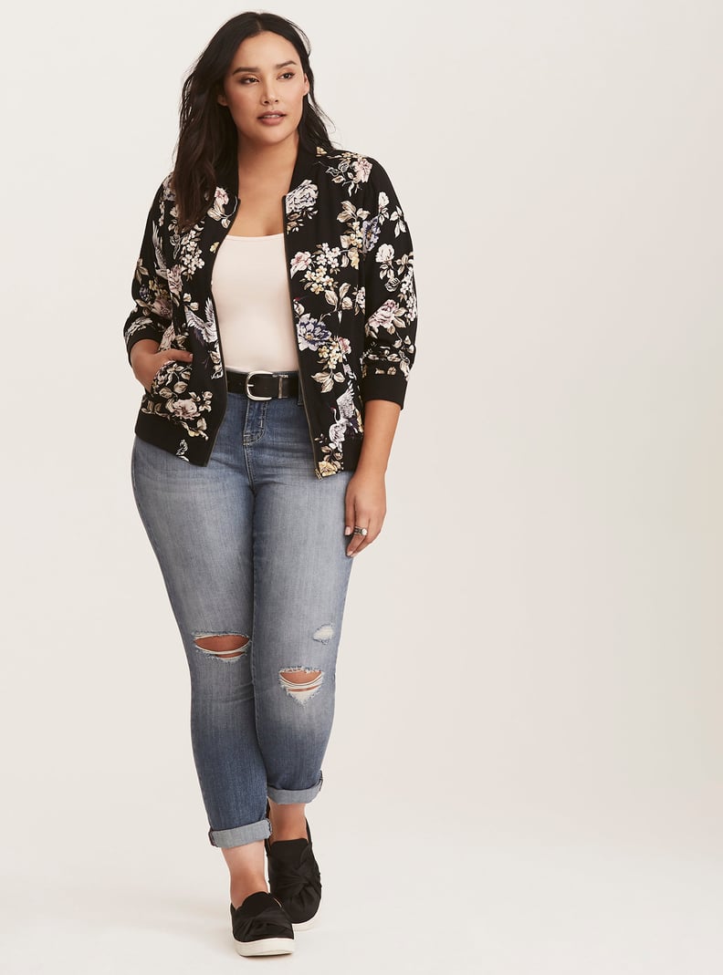 Torrid Black Floral Twill Bomber Jacket