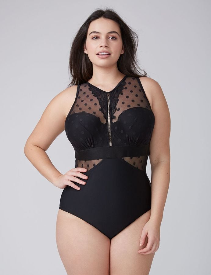 Lane Bryant Dot Mesh One-Piece With Built-In Bandeau Bra