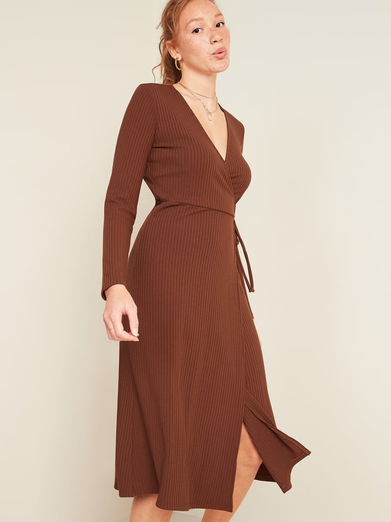 Rib-Knit V-Neck Midi Wrap Dress