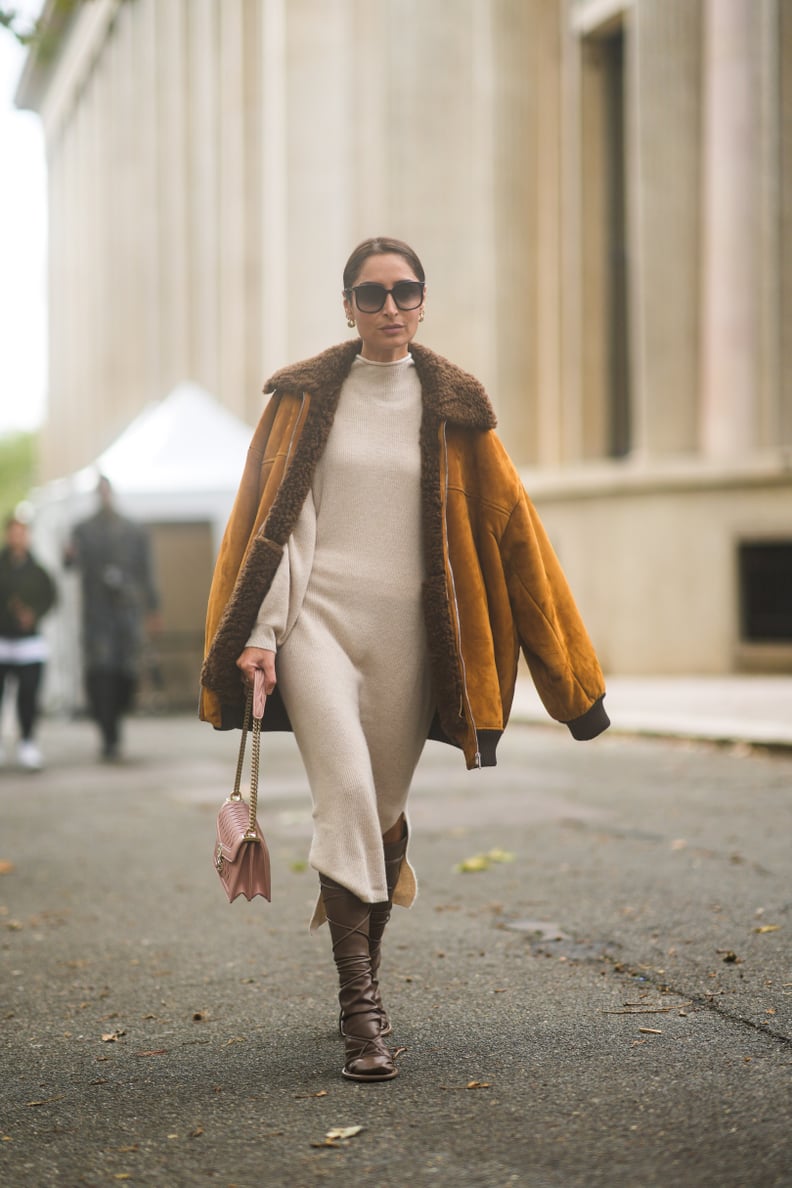 Make a Chic Winter Statement With a Shearling Jacket and Turtleneck Knit Midi