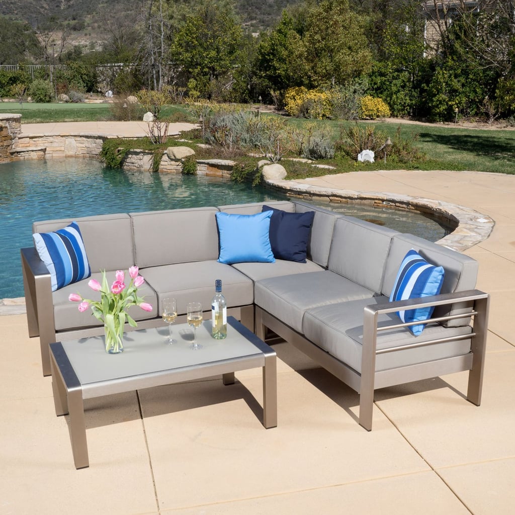 San Lucas Aluminium Sofa Set with Khaki Cushions & Glass Table