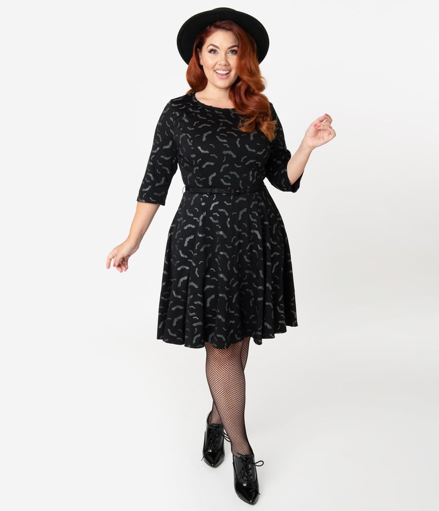 Unique Vintage Plus Size Black and Grey Bats Print Stephanie Fit and Flare Dress