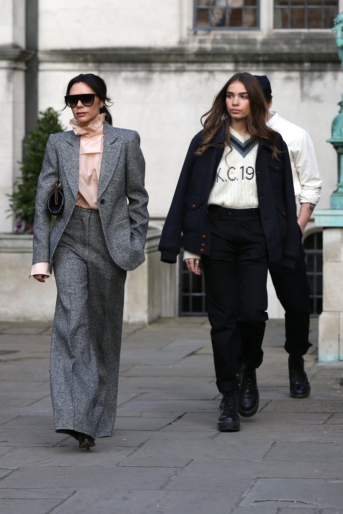 Victoria Beckham Gray Suit With Brooklyn Beckham Girlfriend