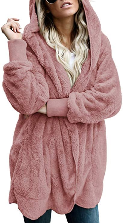 Dokotoo Fuzzy Fleece Open-Front Hooded Cardigan in Pink