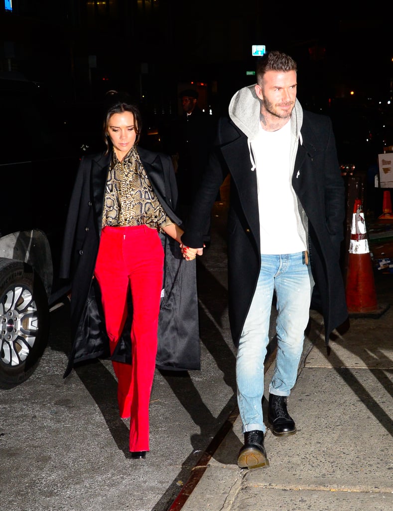 Victoria Beckham Red Pants and Snakeskin Blouse January 2019
