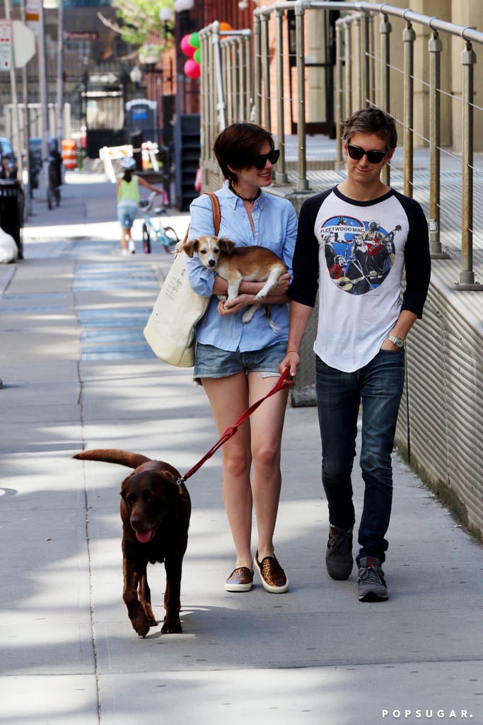 Anne Hathaway and her husband, Adam Shulman, walked around with their new dog in Brooklyn, NY, on Sunday.