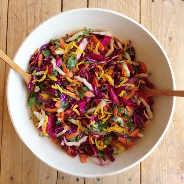 Skip typical leafy greens for a slaw instead. Combine cabbage, carrots, cilantro, rainbow chard, and golden beets to enjoy the colors of the rainbow. 
Source: Instagram user hayleyziegler