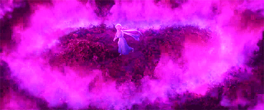 Kristoff manages to snatch Anna away from the growing flames, which leaves Elsa and Olaf trapped in the middle of what looks like a heart-shaped ring of fire. Since the fire is a neon pinkish-purple hue, it's safe to say that it's probably not the regular degular kind of fire. Nonetheless, Elsa attempts to put the fire out with her ice, though it doesn't appear to do much. We can't help but think someone created the fire to trap them — maybe the beings who are causing all this ruckus in Arendelle to begin with?