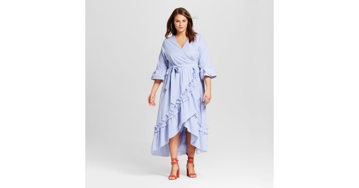 blue ruffle wrap dress
