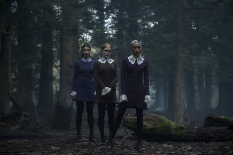 Adeline Rudolph, Abigail Cowen, and Tati Gabrielle as Agatha, Dorcas, and Prudence