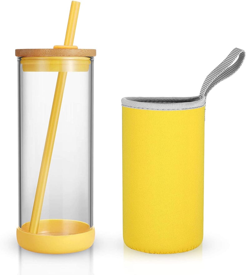 Tronco 20oz Glass Tumbler With Silicone Straw, Bamboo Lid, and Removable Soft Insulator Sleeve