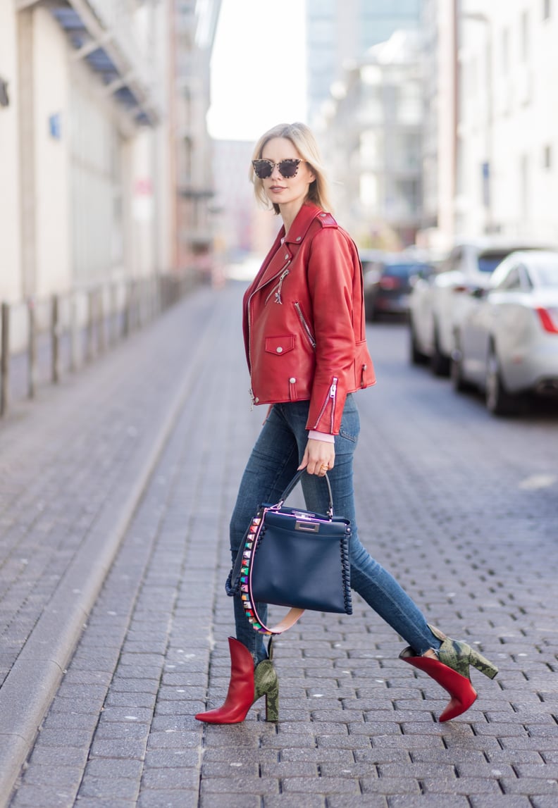 Skinny Jeans, a Red Leather Jacket, and Bold Ankle Boots