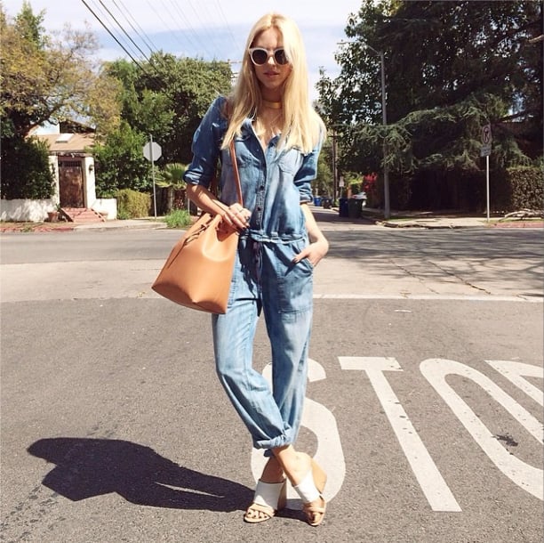 A jumpsuit is easy enough to throw on and looks even better with more sophisticated sandals and a slouchy bucket bag. 
Source: Instagram user peaceloveshea