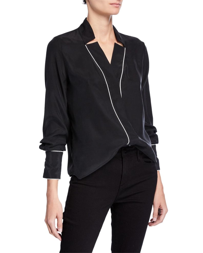 Frame Notch Collar Silk Blouse With Piping