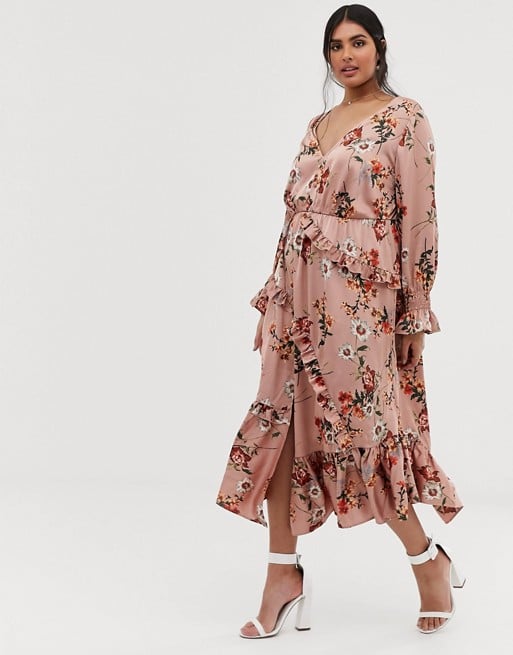 Lovedrobe button front midaxi dress with blouson sleeve and ruffle skirt in pink floral