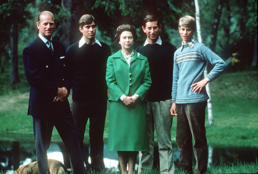 Prince Andrew, Prince Charles, Prince Edward, Prince Philip, and Queen Elizabeth II in Scotland in 1975