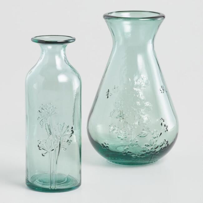 Green Embossed Floral Recycled Glass Vase