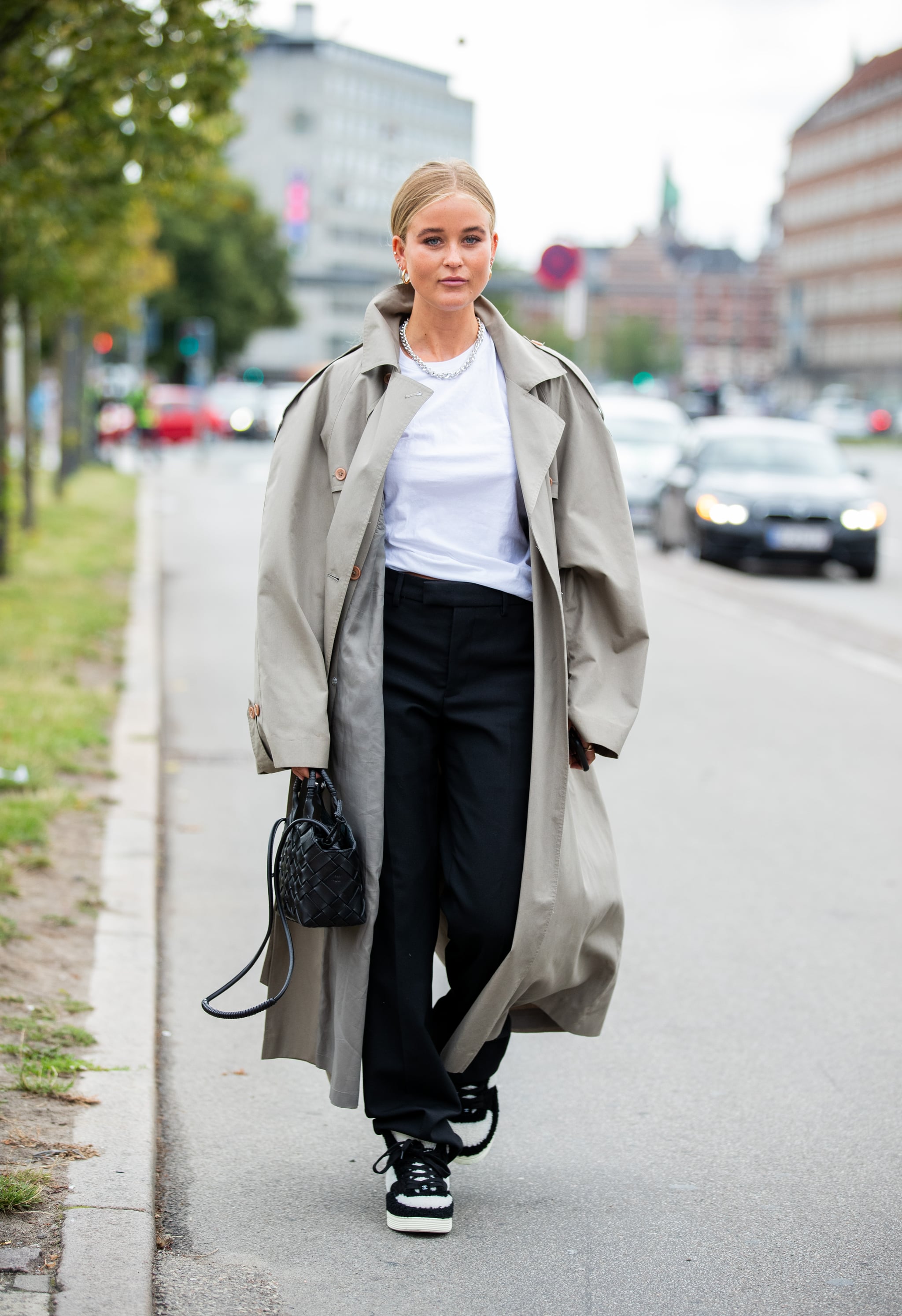 Fall Outfit Idea: Trench Coat + Trousers + Sneakers
