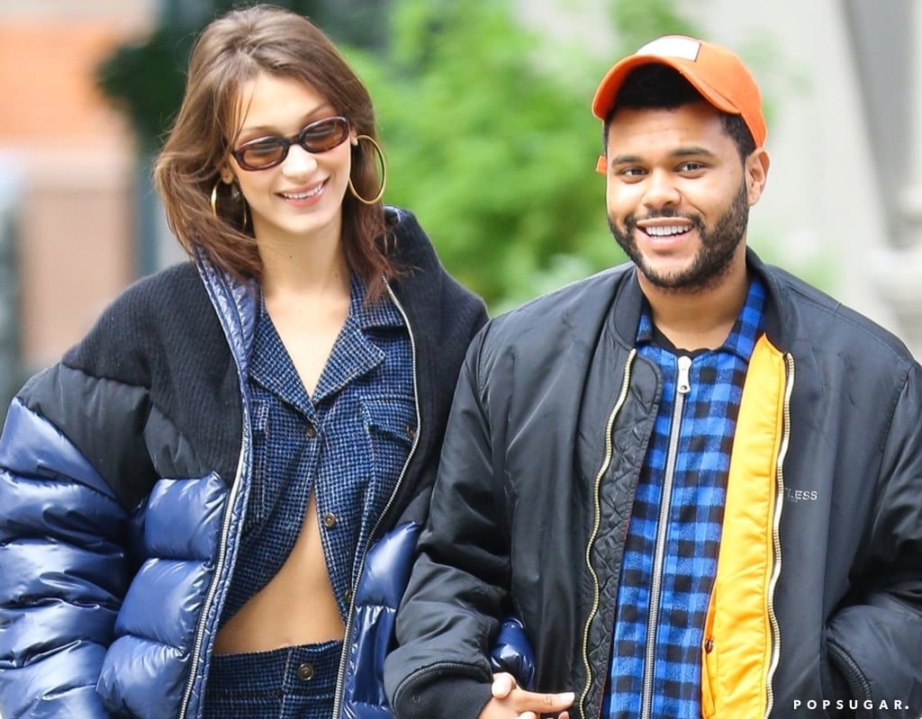Bella Hadid Blue Suit and Puffer Jacket With The Weeknd 2018