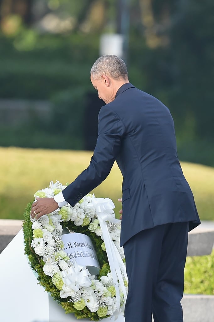 President Obama laid a wreath at the Hiroshima Peace Memorial Park before speaking.