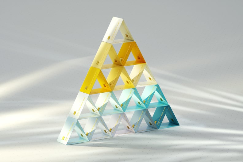multicolored credit cards organized into triangular pattern