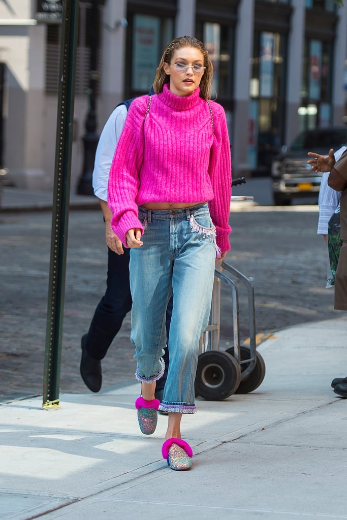 Gigi Kept Her Off-Duty Outfit Bright With a Magenta Sweater