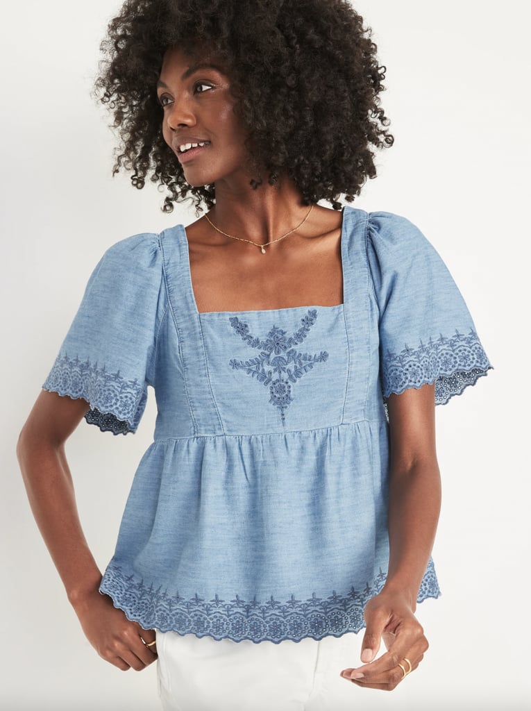 Old Navy Chambray Flutter-Sleeve Embroidered Tie-Back Top
