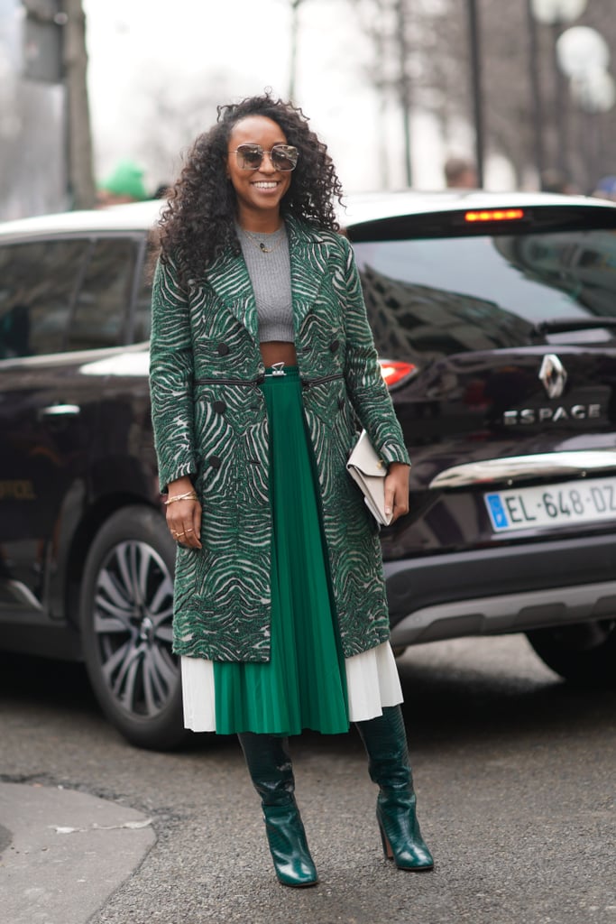 Looking for a modest way to wear your crop top? Style it with a high-waisted skirt and wear with a coat of almost the same length and hue.