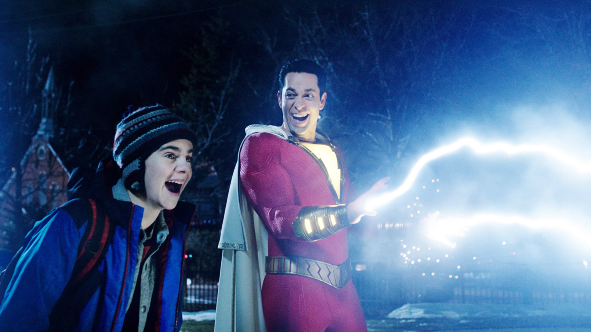 SHAZAM!, from left: Jack Dylan Grazer, Zachary Levi (as Shazam), 2019.  Warner Brothers / courtesy Everett Collection