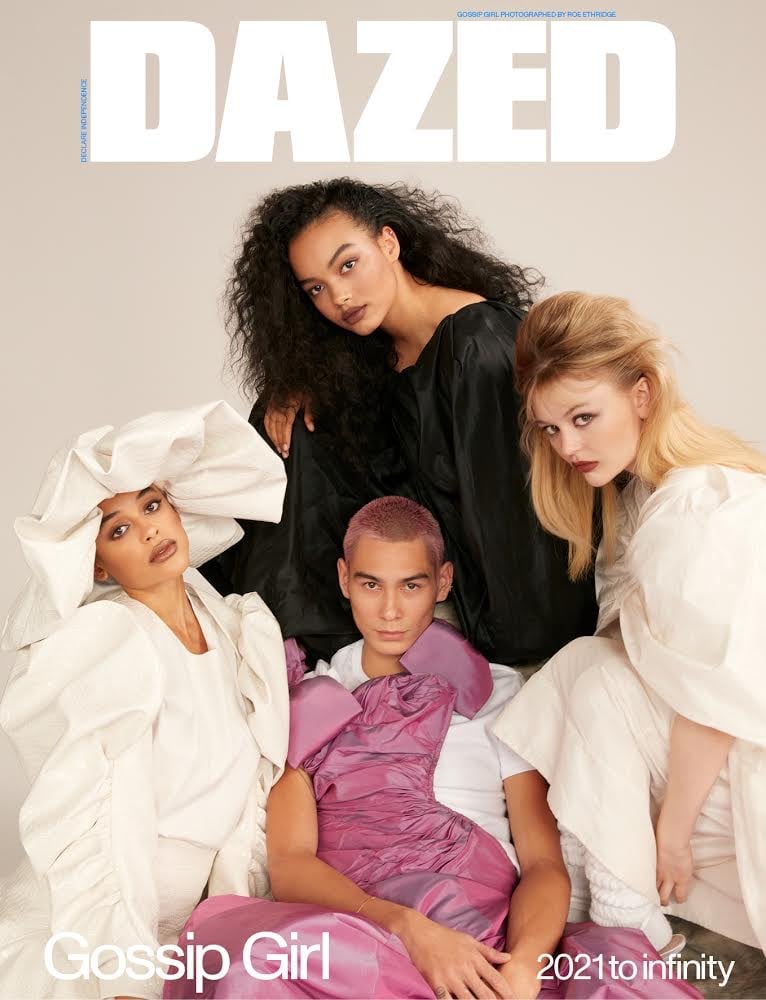 Whitney Peak and Emily Alyn Lind wear Simone Rocha, Emily wears leather mules by Kalda, Evan Mock wears a vintage Murray Arbeid dress and Gap T-shirt, and Jordan Alexander wears Vaquera.