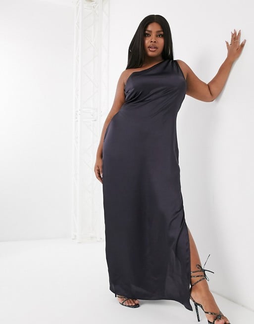 Missguided Plus one shoulder satin maxi dress in black