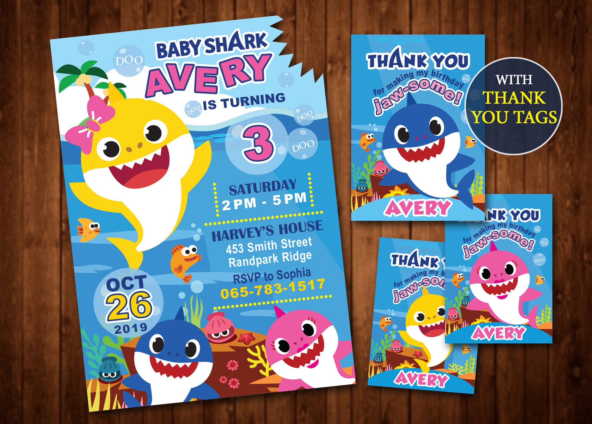 ~ Birthday Party Supplies Cards Decoration BABY SHARK  INVITATIONS 8 