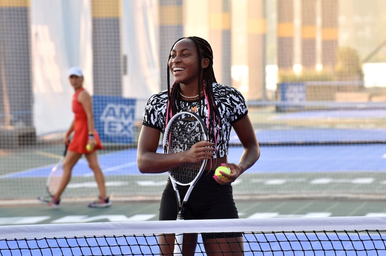 NEW YORK, NEW YORK - AUGUST 24: (EDITORIAL USE ONLY) American tennis player Coco Gauff attends as the American Express Courts are unveiled ahead of 2021 US Open Tennis Tournament at Hudson River Park's Pier 76 on August 24, 2021 in New York City. (Photo b