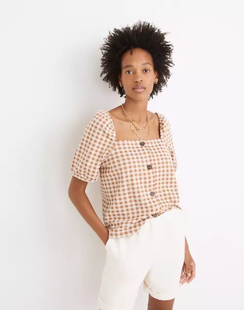 Gingham Jacquard Square-Neck Puff-Sleeve Top