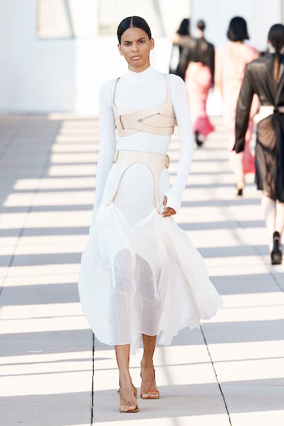 An All-White and Leather Look From the Dion Lee Runway at New York Fashion Week