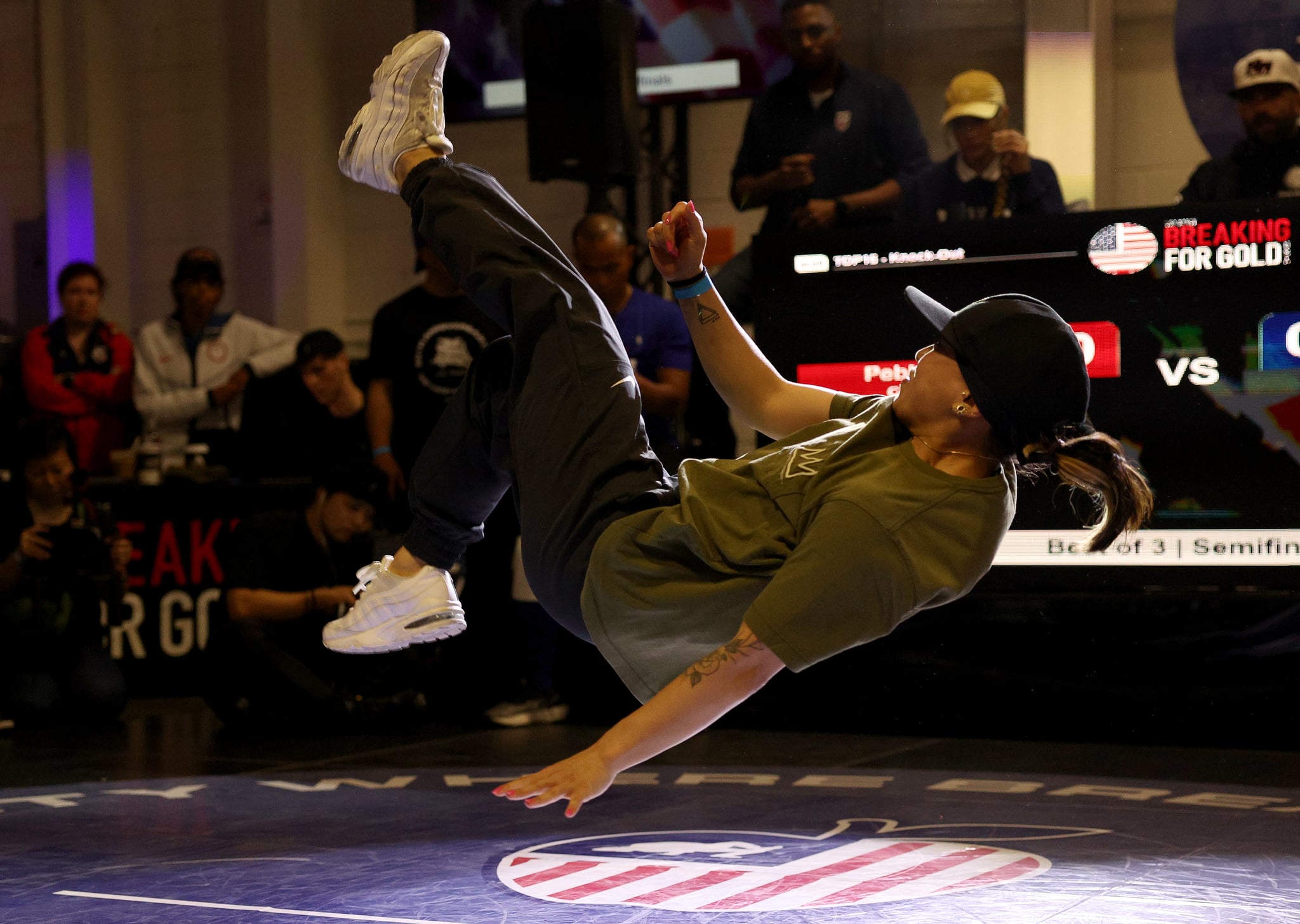 NEW YORK, NEW YORK - APRIL 22: B-Girl Sunny competes in the Breaking For Gold USA regional competition at Industria on April 22, 2023 in the Williamsburg neighborhood of the Brooklyn borough of New York City. (Photo by Elsa/Getty Images)
