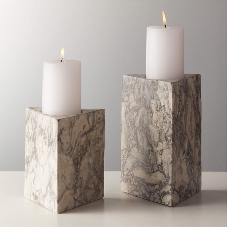 For Your Candles: CB2 Trig Grey Marble Pillar Triangle Candle Holders