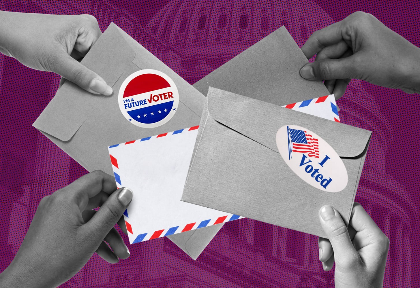 A mostly burgundy image shows various hands holding voting envelopes.
