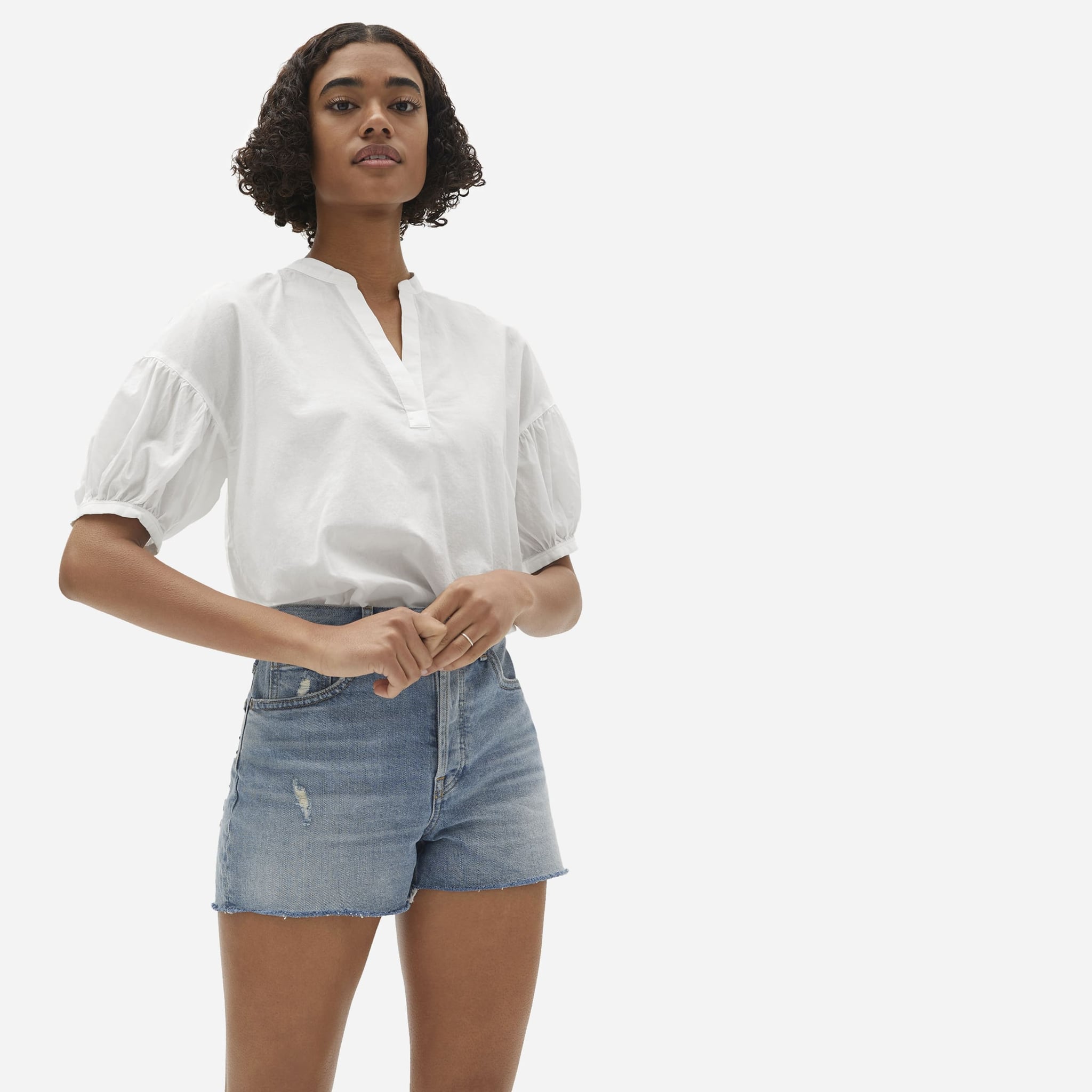 everlane split neck jean dress
