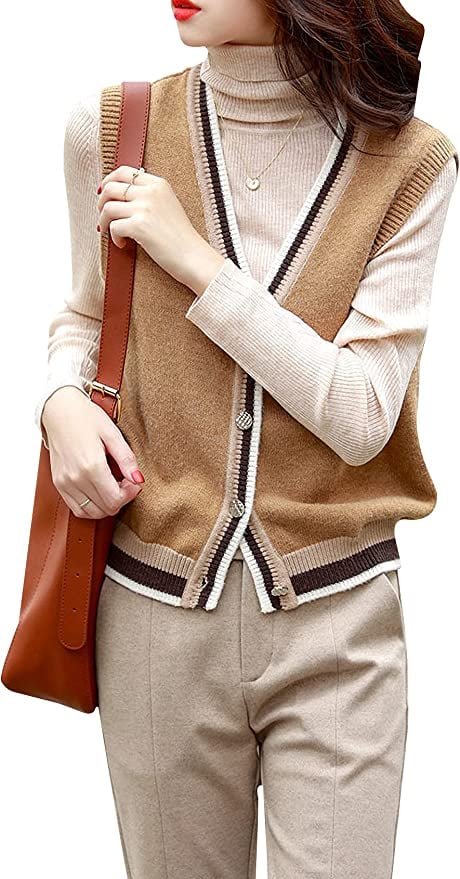 Gihuo Women's Casual V-Neck Contrast Color Sleeveless Sweater Vest