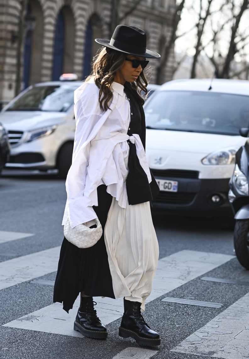 Breezy Button-Down, Pleated Skirt, and Doc Martens Boots