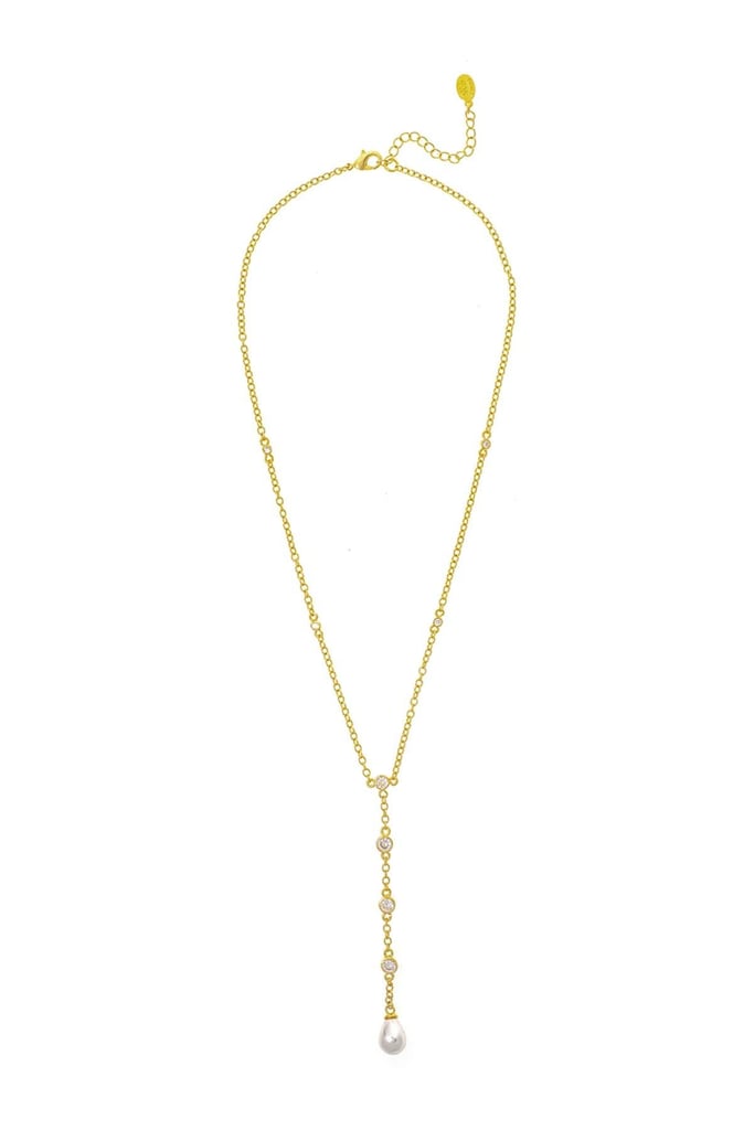 Rivka Friedman 18K Gold Clad CZ Pearl Drop Y Necklace