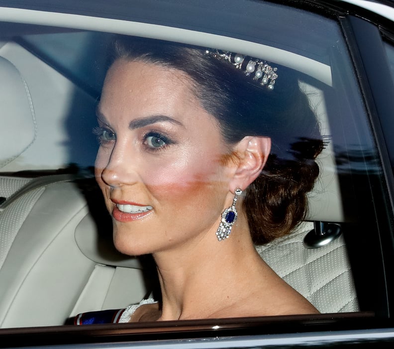 Kate Middleton Wearing Princess Diana's Tiara and the Queen Mother's Sapphire Earrings at the State Banquet