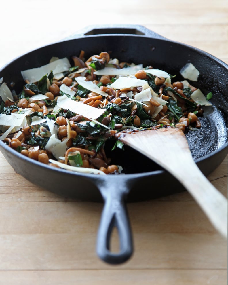 Balsamic Mushrooms, Chickpeas, and Kale With Caramelized Onions