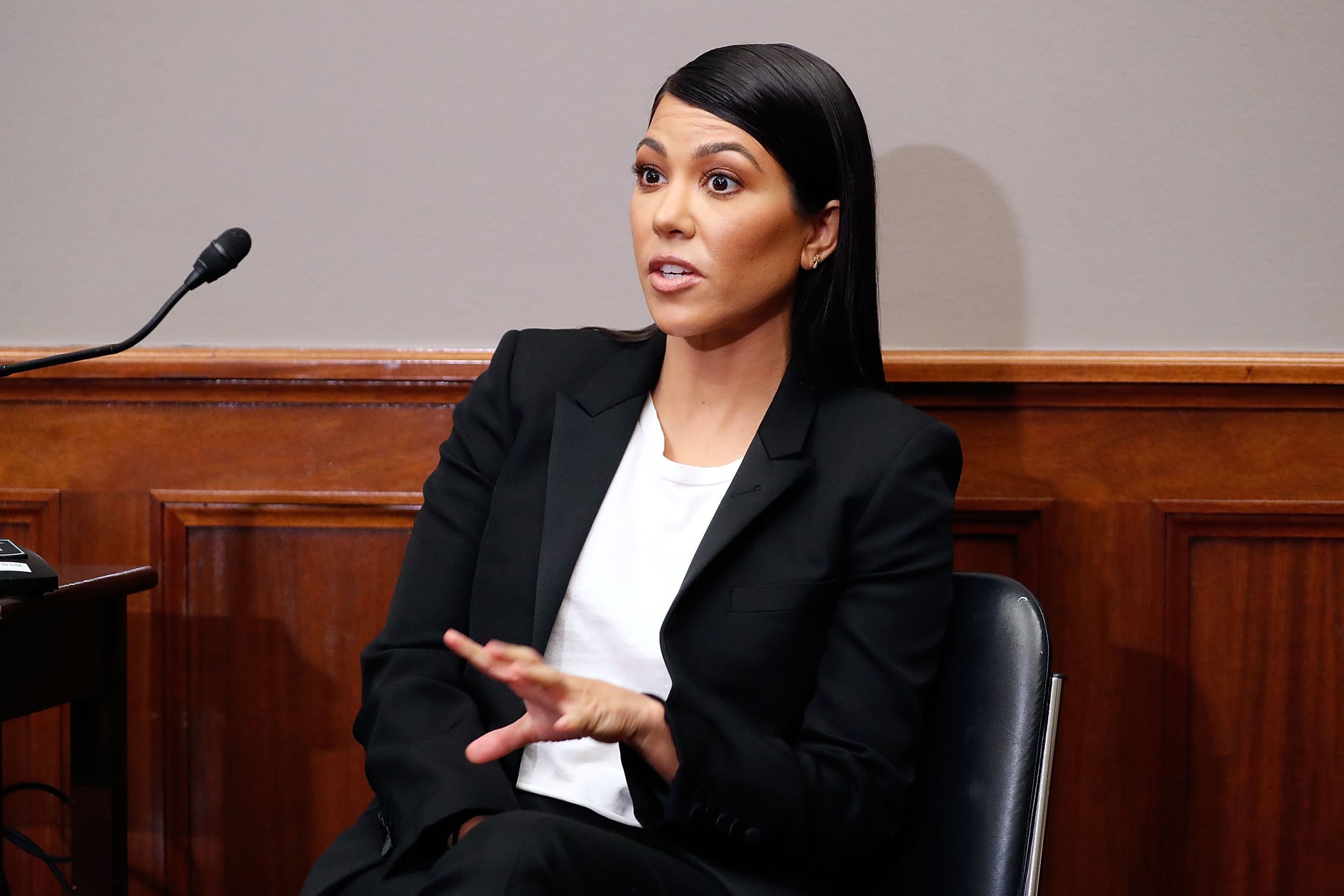 WASHINGTON, DC - APRIL 24:  Reality TV-Star Kourtney Kardashian speaks at a briefing in support of bipartisan personal care products legislation aimed at reforming how the FDA regulates the personal care products industry in the Russell Senate Office Building on April 24, 2018 in Washington, DC. Kourtney Kardashian and her sister Kylie Jenner launch their Kourt x Kylie makeup collection on April 24.  (Photo by Paul Morigi/Getty Images)